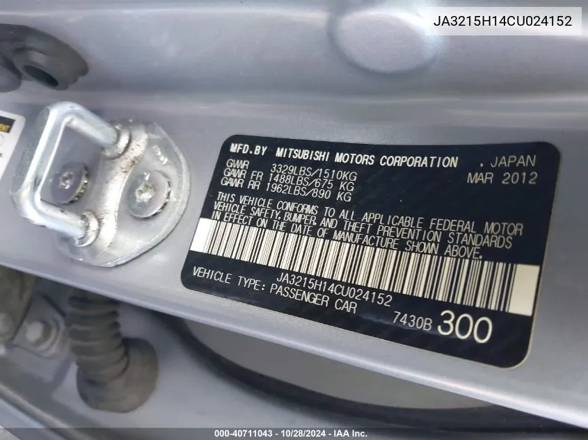 2012 Mitsubishi I-Miev Es/Se VIN: JA3215H14CU024152 Lot: 40711043