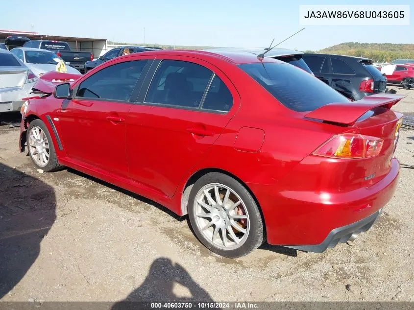 2008 Mitsubishi Lancer Evolution Gsr VIN: JA3AW86V68U043605 Lot: 40603750