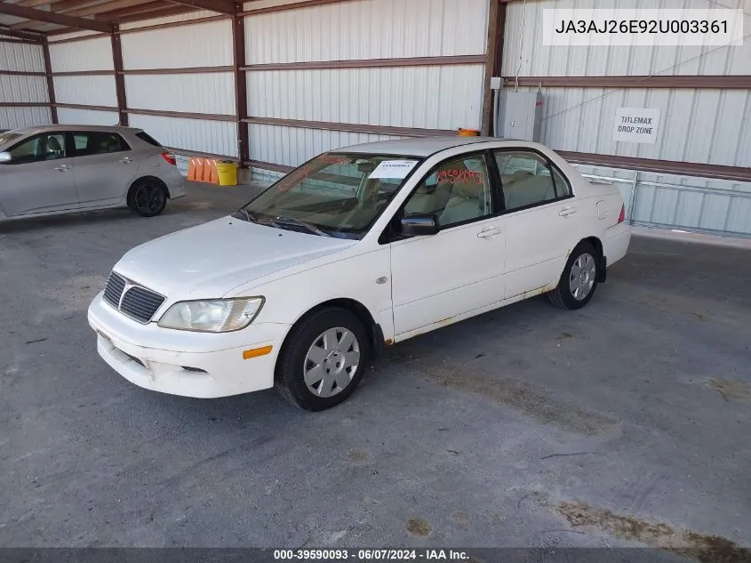 2002 Mitsubishi Lancer Es VIN: JA3AJ26E92U003361 Lot: 39590093