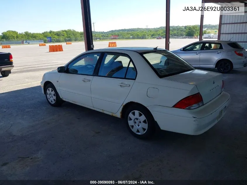 2002 Mitsubishi Lancer Es VIN: JA3AJ26E92U003361 Lot: 39590093