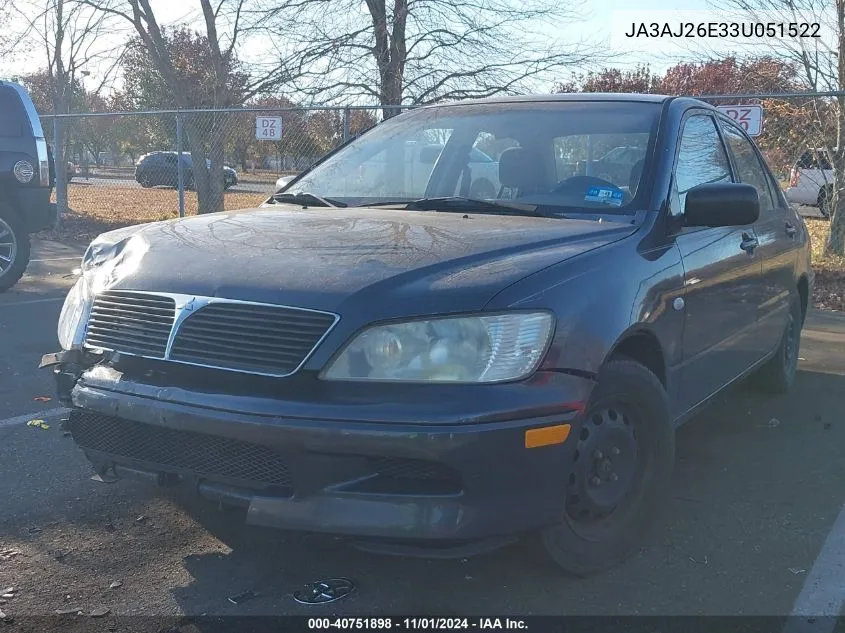 2003 Mitsubishi Lancer Es VIN: JA3AJ26E33U051522 Lot: 40751898