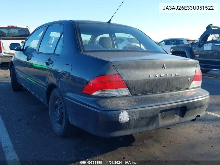 2003 Mitsubishi Lancer Es VIN: JA3AJ26E33U051522 Lot: 40751898