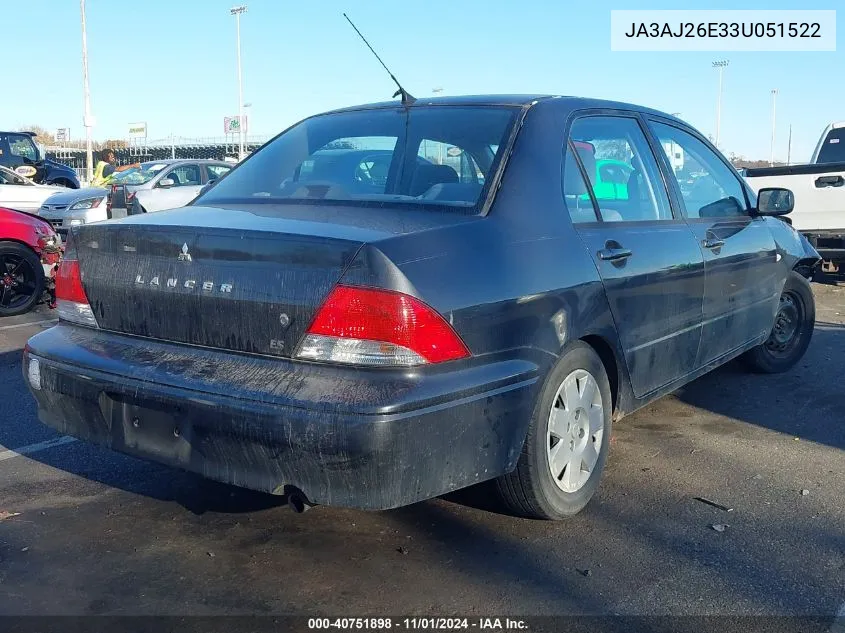 2003 Mitsubishi Lancer Es VIN: JA3AJ26E33U051522 Lot: 40751898