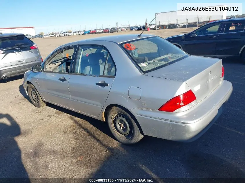 2003 Mitsubishi Lancer Es VIN: JA3AJ26E53U104012 Lot: 40833135