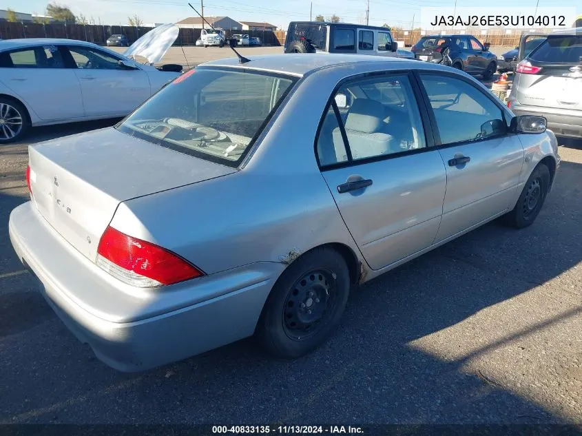 2003 Mitsubishi Lancer Es VIN: JA3AJ26E53U104012 Lot: 40833135