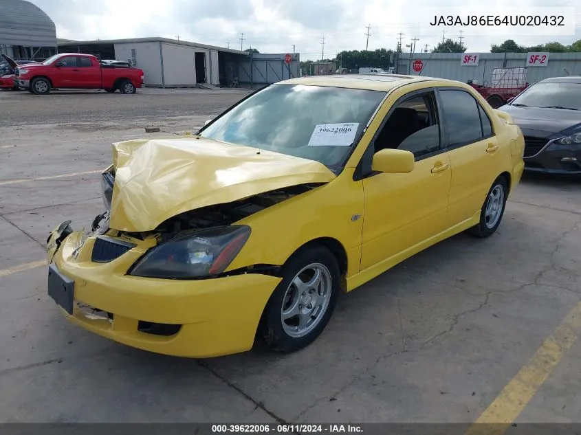 2004 Mitsubishi Lancer Oz Rally VIN: JA3AJ86E64U020432 Lot: 39622006