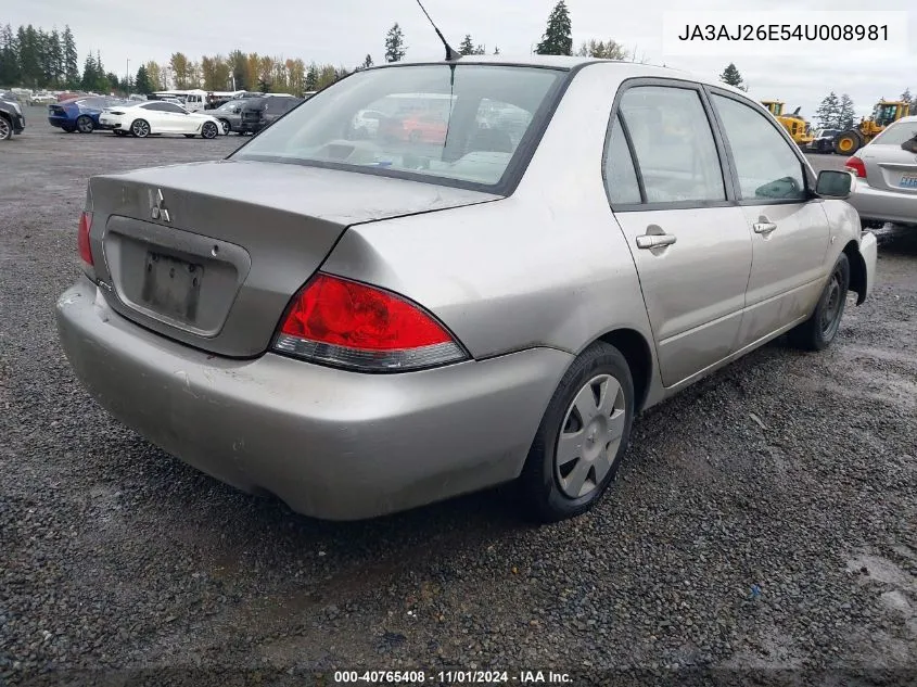 2004 Mitsubishi Lancer Es VIN: JA3AJ26E54U008981 Lot: 40765408