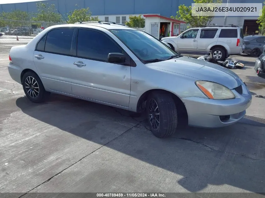 2004 Mitsubishi Lancer Es VIN: JA3AJ26E34U020921 Lot: 40789459