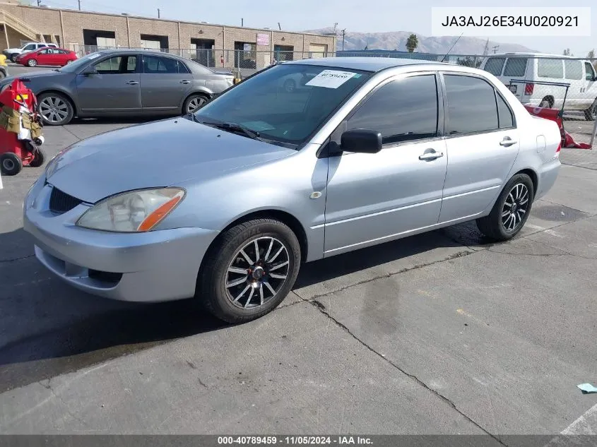 2004 Mitsubishi Lancer Es VIN: JA3AJ26E34U020921 Lot: 40789459