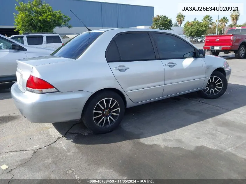 2004 Mitsubishi Lancer Es VIN: JA3AJ26E34U020921 Lot: 40789459