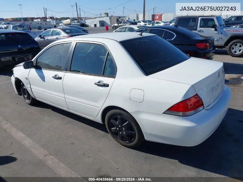 2005 Mitsubishi Lancer Es VIN: JA3AJ26E75U027243 Lot: 40438684