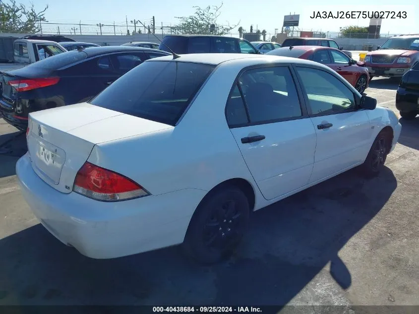 2005 Mitsubishi Lancer Es VIN: JA3AJ26E75U027243 Lot: 40438684