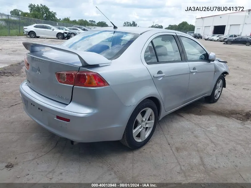 2008 Mitsubishi Lancer De/Es VIN: JA3AU26U78U041372 Lot: 40013948