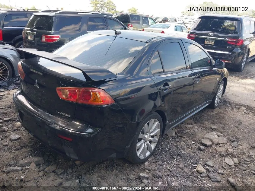 2008 Mitsubishi Lancer Gts VIN: JA3AU86U38U038102 Lot: 40181667