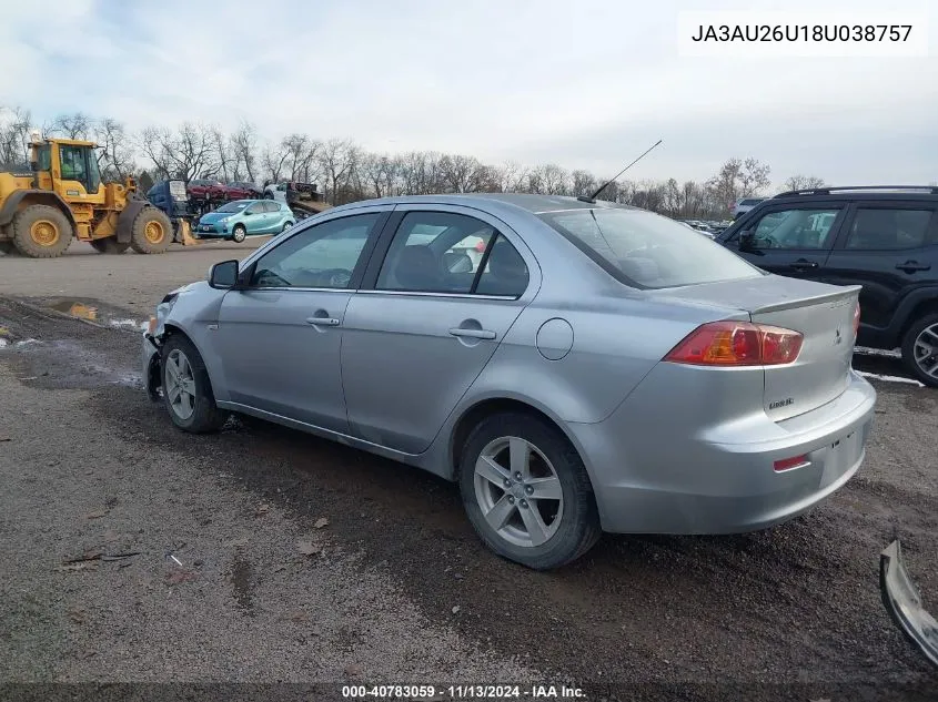 2008 Mitsubishi Lancer De/Es VIN: JA3AU26U18U038757 Lot: 40783059