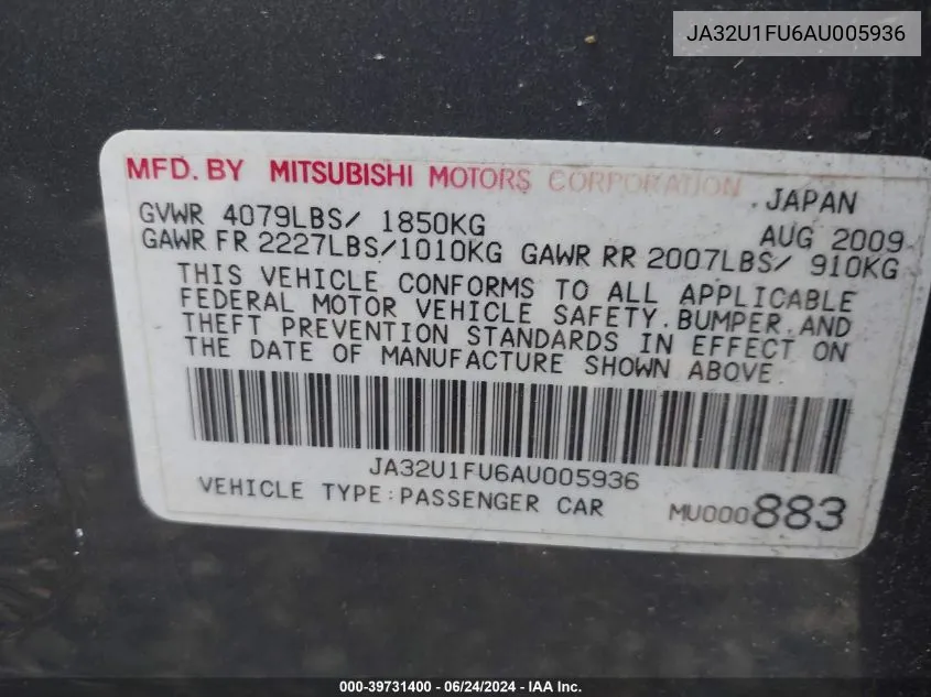 JA32U1FU6AU005936 2010 Mitsubishi Lancer De