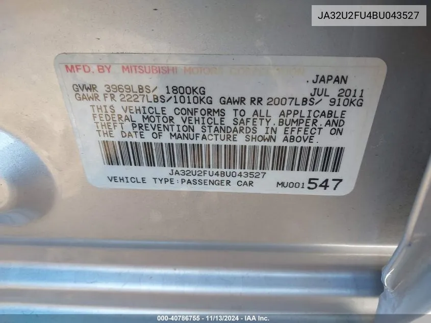 JA32U2FU4BU043527 2011 Mitsubishi Lancer Es