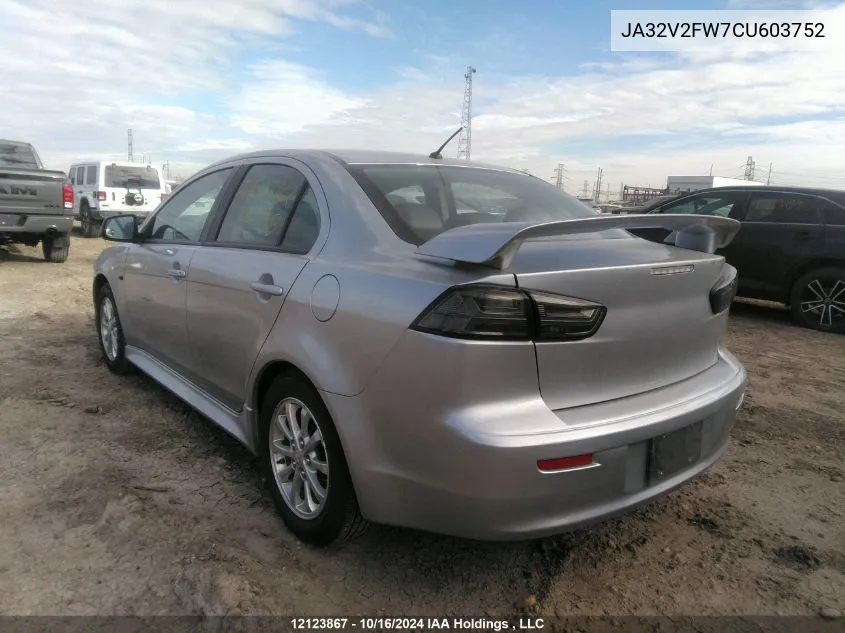 2012 Mitsubishi Lancer VIN: JA32V2FW7CU603752 Lot: 12123867