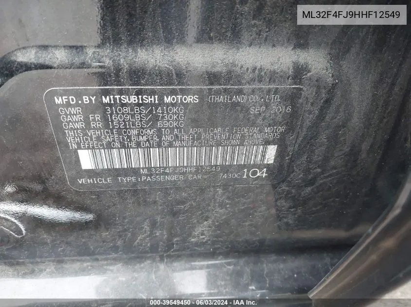 ML32F4FJ9HHF12549 2017 Mitsubishi Mirage G4 Se