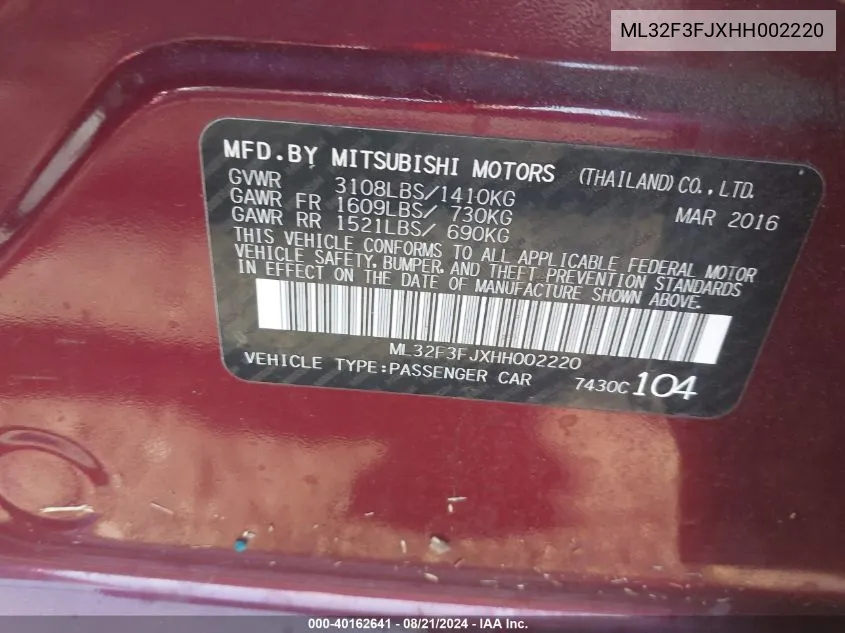 2017 Mitsubishi Mirage G4 Es VIN: ML32F3FJXHH002220 Lot: 40162641