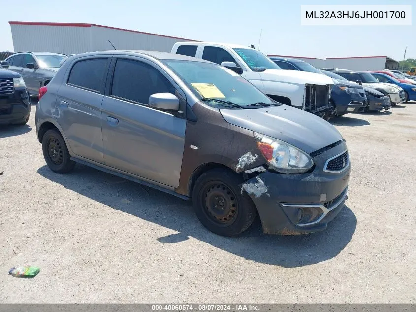 2018 Mitsubishi Mirage Es VIN: ML32A3HJ6JH001700 Lot: 40060574