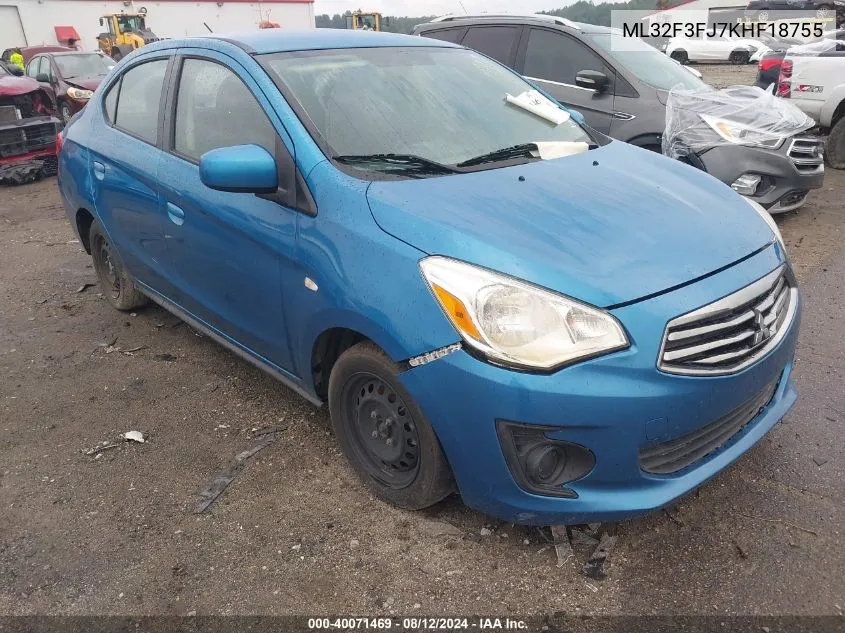 2019 Mitsubishi Mirage G4 Es VIN: ML32F3FJ7KHF18755 Lot: 40071469