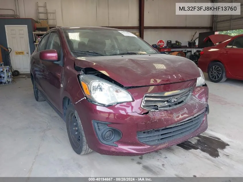 2019 Mitsubishi Mirage G4 Es VIN: ML32F3FJ8KHF13760 Lot: 40194667