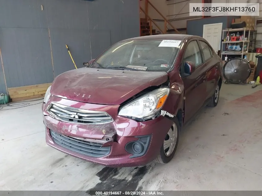 2019 Mitsubishi Mirage G4 Es VIN: ML32F3FJ8KHF13760 Lot: 40194667