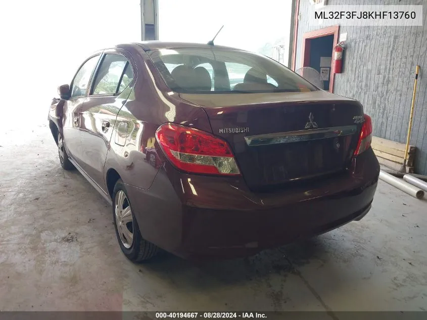 2019 Mitsubishi Mirage G4 Es VIN: ML32F3FJ8KHF13760 Lot: 40194667