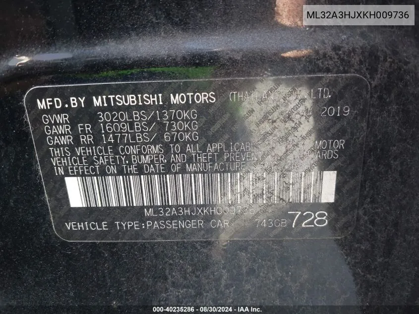 2019 Mitsubishi Mirage Rf VIN: ML32A3HJXKH009736 Lot: 40235286