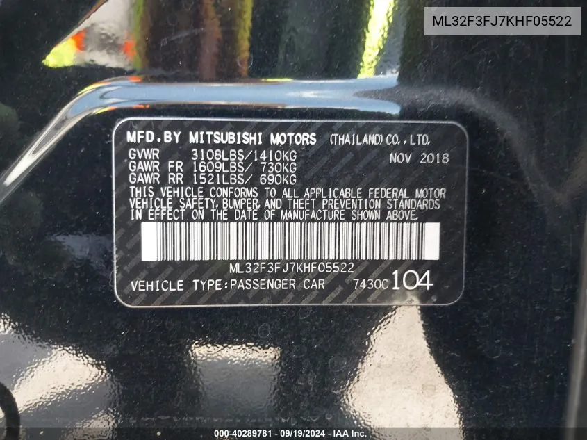 ML32F3FJ7KHF05522 2019 Mitsubishi Mirage G4 Es