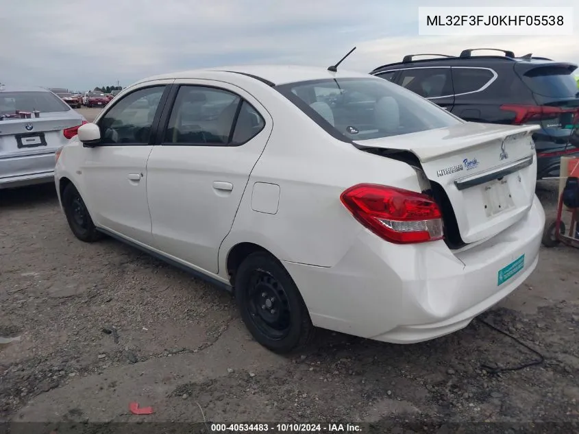 2019 Mitsubishi Mirage G4 Es VIN: ML32F3FJ0KHF05538 Lot: 40534483