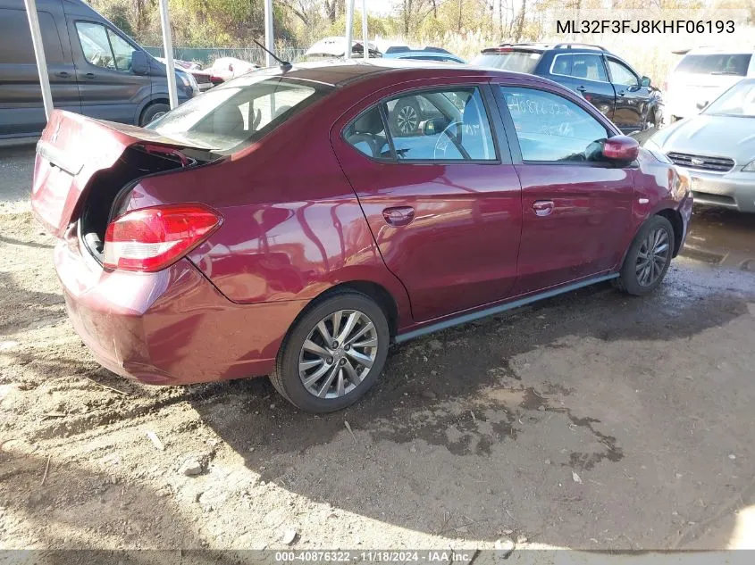 2019 Mitsubishi Mirage G4 Es VIN: ML32F3FJ8KHF06193 Lot: 40876322