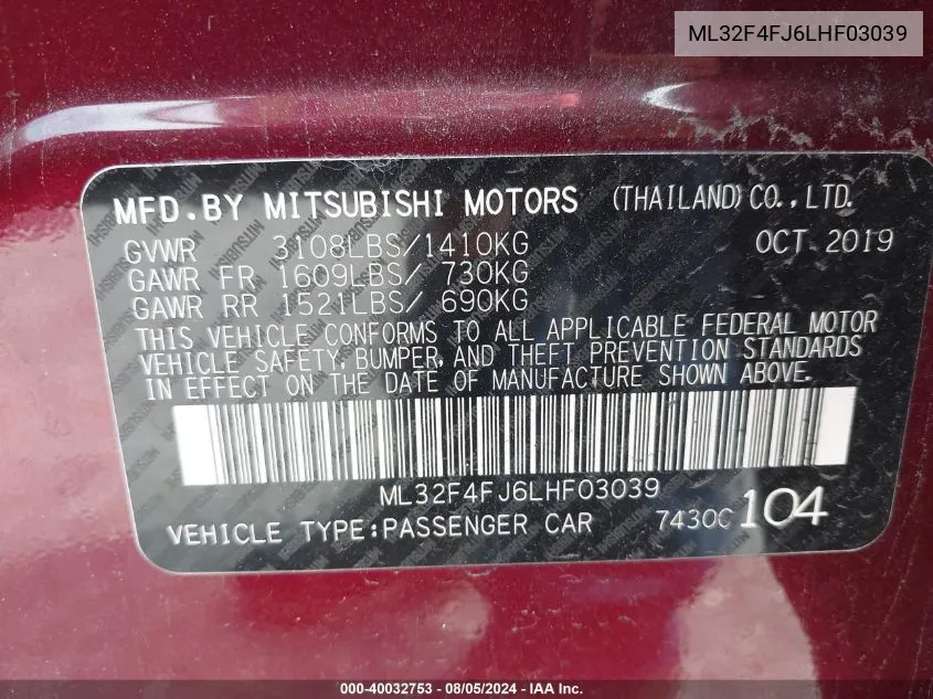 ML32F4FJ6LHF03039 2020 Mitsubishi Mirage G4 Le