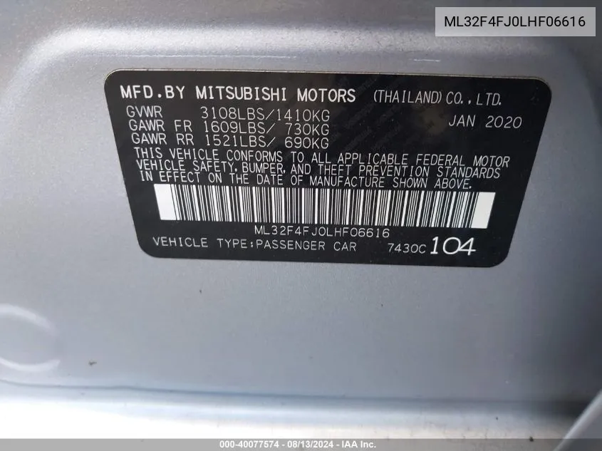 ML32F4FJ0LHF06616 2020 Mitsubishi Mirage G4 Le/Se