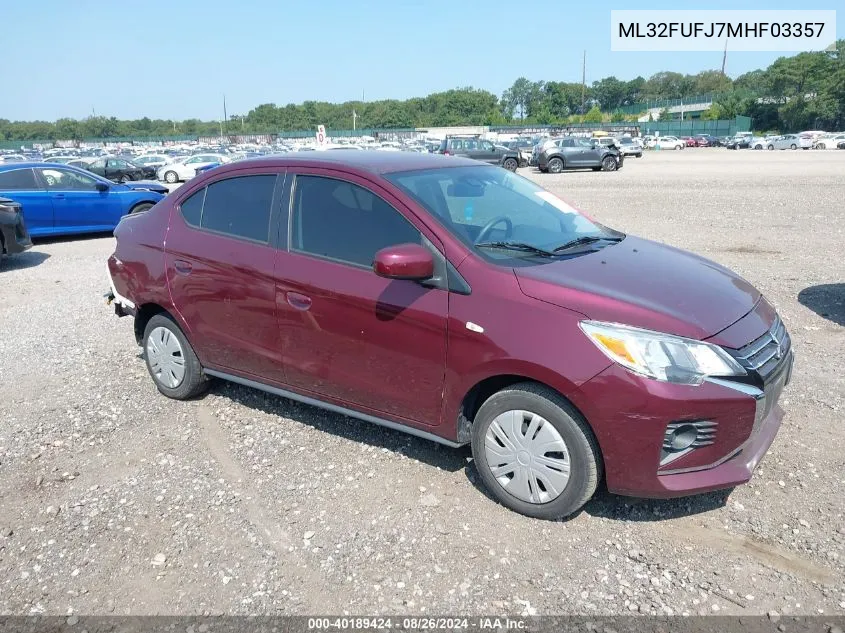 2021 Mitsubishi Mirage G4 Carbonite Edition/Es/Le VIN: ML32FUFJ7MHF03357 Lot: 40189424