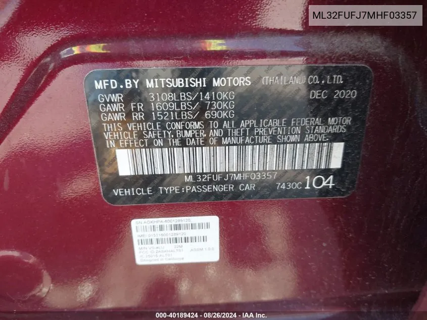 2021 Mitsubishi Mirage G4 Carbonite Edition/Es/Le VIN: ML32FUFJ7MHF03357 Lot: 40189424