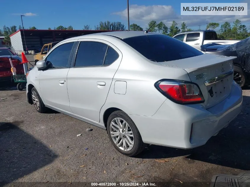 2021 Mitsubishi Mirage G4 Carbonite Edition/Es/Le VIN: ML32FUFJ7MHF02189 Lot: 40572800