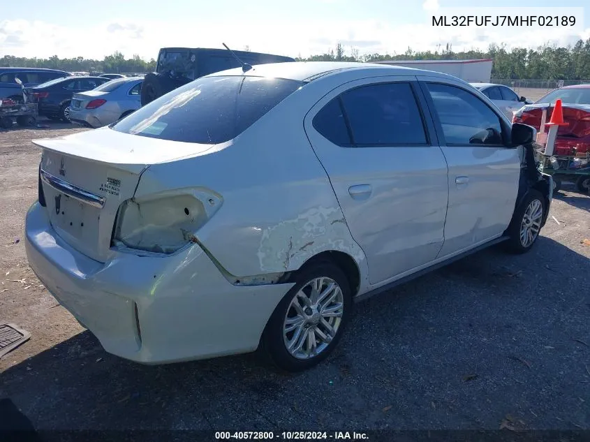 2021 Mitsubishi Mirage G4 Carbonite Edition/Es/Le VIN: ML32FUFJ7MHF02189 Lot: 40572800