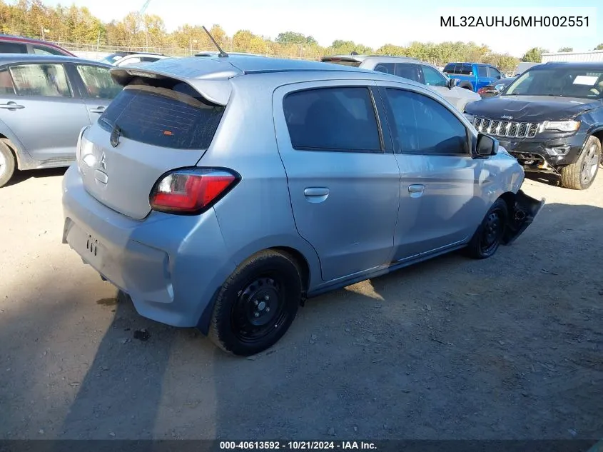 2021 Mitsubishi Mirage Es/Le/Carbonite Edition VIN: ML32AUHJ6MH002551 Lot: 40613592