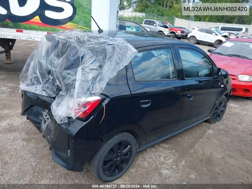 2022 Mitsubishi Mirage Black Edition VIN: ML32AWHJ6NH002420 Lot: 40196727