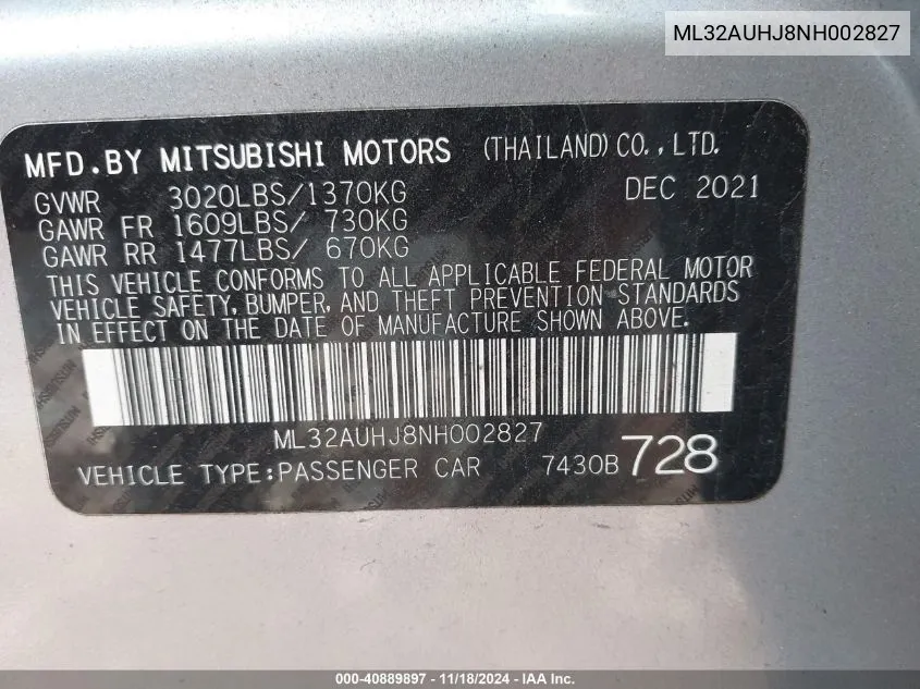 2022 Mitsubishi Mirage Es/Le VIN: ML32AUHJ8NH002827 Lot: 40889897