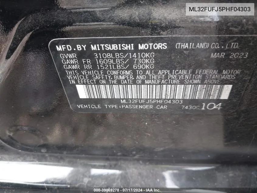 2023 Mitsubishi Mirage G4 Es VIN: ML32FUFJ5PHF04303 Lot: 39869278