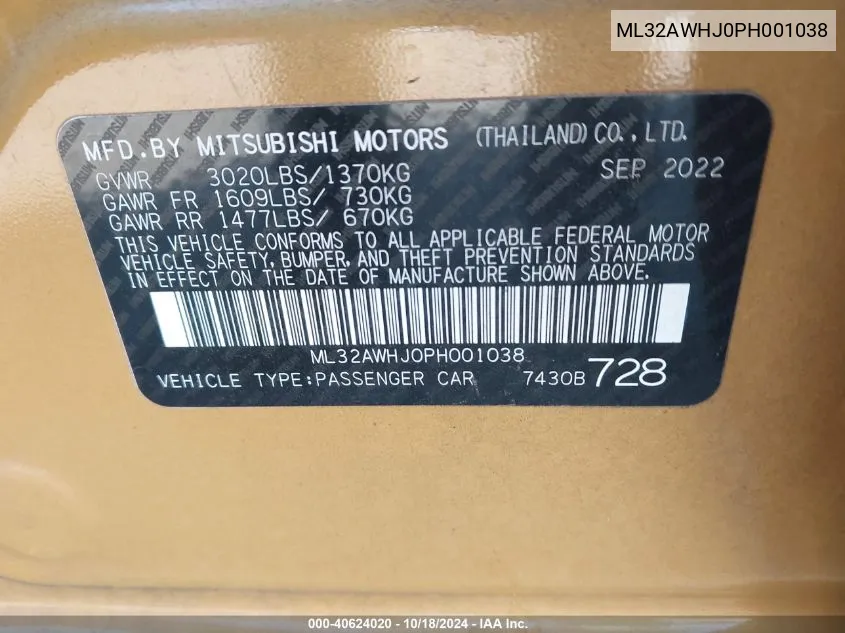 2023 Mitsubishi Mirage Black Edition/Ralliart/Se VIN: ML32AWHJ0PH001038 Lot: 40624020