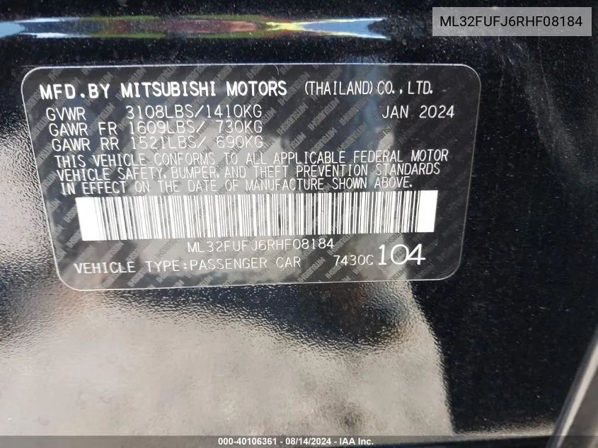 ML32FUFJ6RHF08184 2024 Mitsubishi Mirage G4 Es