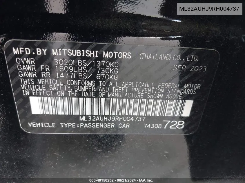 ML32AUHJ9RH004737 2024 Mitsubishi Mirage Le