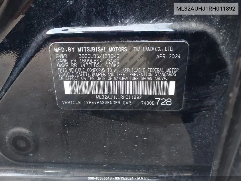 ML32AUHJ1RH011892 2024 Mitsubishi Mirage Es/Le