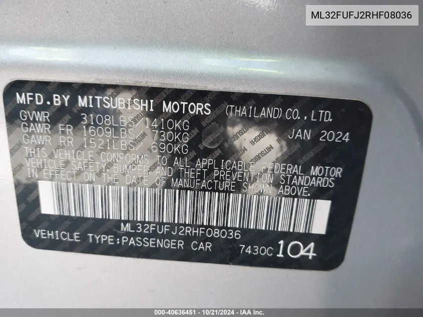 2024 Mitsubishi Mirage G4 G4 Es/G4 Le/G4 Black Edit VIN: ML32FUFJ2RHF08036 Lot: 40636451