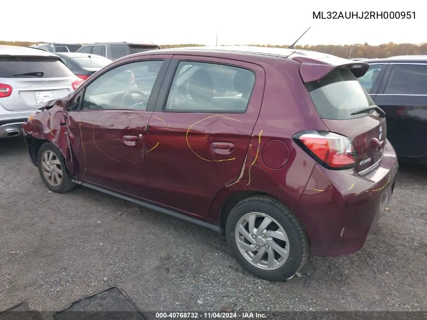 2024 Mitsubishi Mirage Es/Le VIN: ML32AUHJ2RH000951 Lot: 40768732