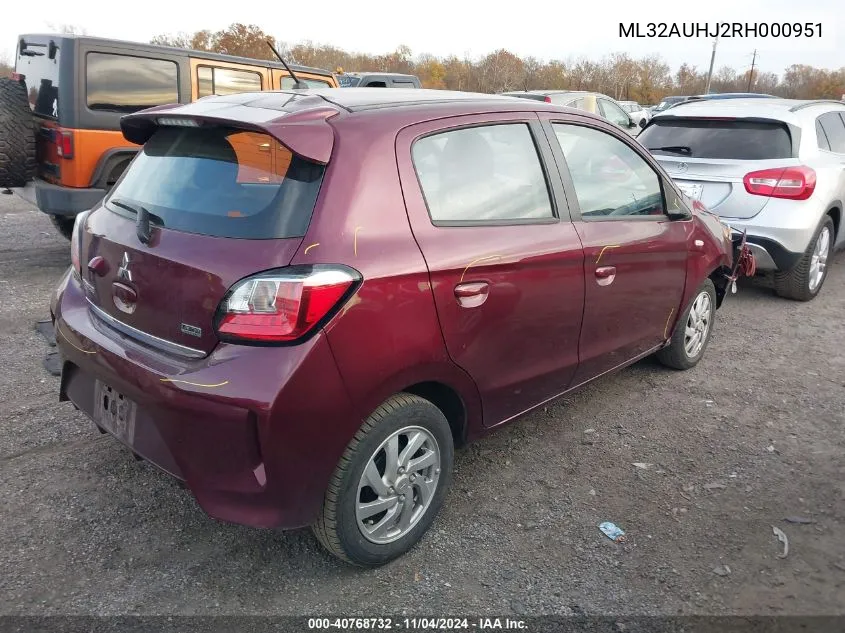 2024 Mitsubishi Mirage Es/Le VIN: ML32AUHJ2RH000951 Lot: 40768732